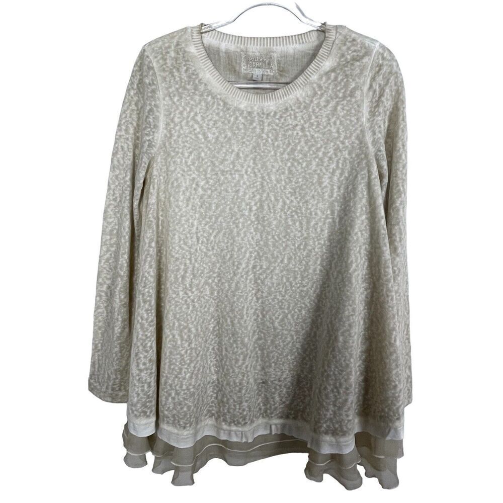 Gabby Isabella Women's Sweater Size S Beige Style11505 Knit Tunic Chiffon Accent